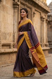 Brown Ettukol Kanjivaram Silk Saree with Temple Border 10077912