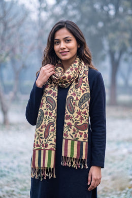 Beige Kani Printed Silk Unisex Stole 10077881