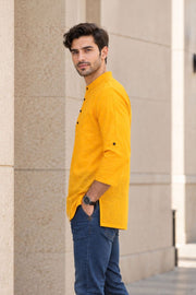 Yellow Full Sleeve Slub Cotton Shirt Length Men's Kurta 10077842