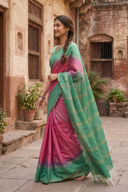 Pink Semi Tussar Saree with Zari Border 10078211