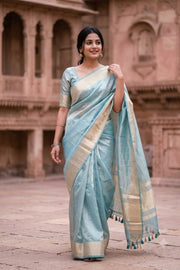 Sea Mist Blue Banarasi Tissue Silk Saree With Zari Border 10074278