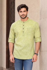 Pista Green Full Sleeve Slub Cotton Shirt Length Men's Kurta 10077841
