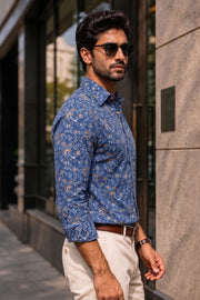 Blue Full Sleeve Ajrakh Printed Cotton Mens Shirt 10072999