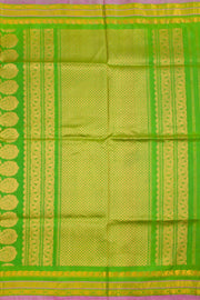 Gadwal Kuttu Weave Handloom Silk Saree in Black with Contrast Leaf Green Border and Pallu 10062950