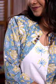 White Embroidered Midi Coat Cotton Dress with Blue Jacket 10062673