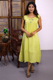 Pista Green Hand Block Printed Midi Coat Cotton Dress With Jacket 10062676