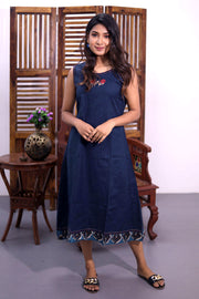 Blue Hand Embroidered Midi Coat Cotton Dress with Jacket 10062667