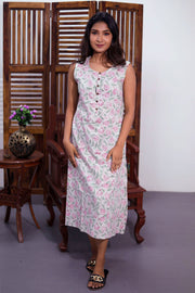 Offwhite Hand Block Printed Midi Coat Cotton Dress With Jacket 10062642