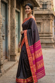 Snuff Brown Kanjivaram Pure Silk Saree With Temple Border 10077893