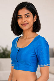 Copper Sulphate Blue Aari Embroidered Kanjivaram Silk Blouse - 10064340