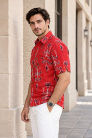 Red Half Sleeve Handloom Ikat Cotton Men's Shirt 10077856