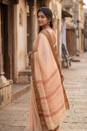 Beige Handloom Chettinad Cotton Saree With Temple Border 10077298