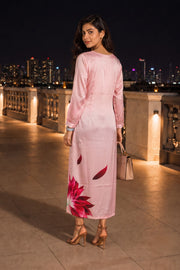 Baby Pink Printed Vegan Charmeuse Silk Dress 10077275