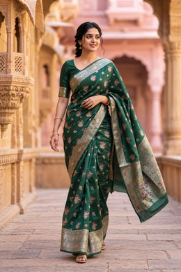 Dark Green Handloom Banarasi Chiniya Silk Saree 10065484