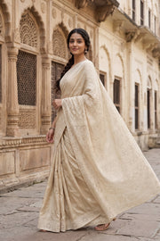 Off White Chikankari Embroided Organza Saree 10078116