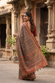 Brown Printed Semi Tussar Silk Saree 10077230