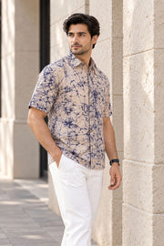 Blue Half Sleeve Batik Printed Cotton Mens Shirt 10076356