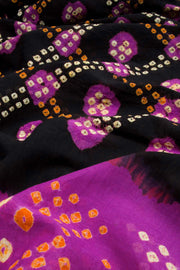 Black Handcrafted Bandhani Mulmul Cotton Saree 10062526