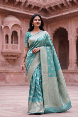 Sea Blue Handloom Banarasi Chiniya Silk Saree 10063227