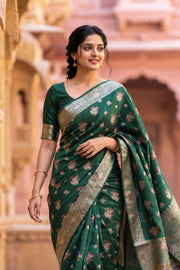 Dark Green Handloom Banarasi Chiniya Silk Saree 10065484