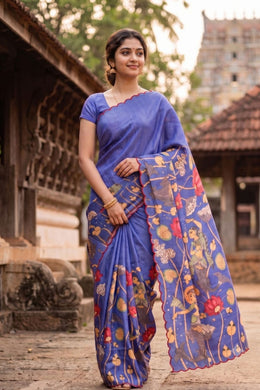 Purple Printed Kalamkari Semi Tussar Silk Saree 10074917