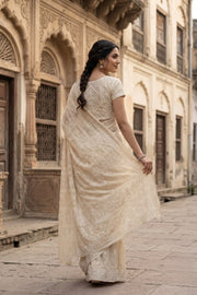 Off White Chikankari Embroided Organza Saree 10078116