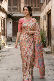 Cream Kani Printed Silk Saree 10077876