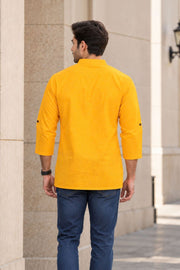 Yellow Full Sleeve Slub Cotton Shirt Length Men's Kurta 10077842