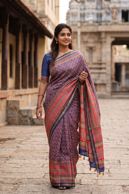 Ink Blue Printed Semi Tussar Silk Saree 10077219