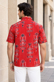 Red Half Sleeve Handloom Ikat Cotton Men's Shirt 10077856