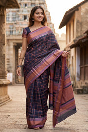 Navy Blue Threadwork Handloom Kanjivaram Silk Saree 10067869