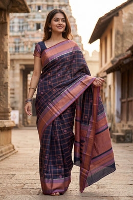 Navy Blue Threadwork Handloom Kanjivaram Silk Saree 10067869