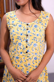 Yellow Hand Block Printed Midi Coat Cotton Dress With Jacket 10062643