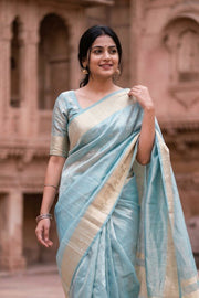 Sea Mist Blue Banarasi Tissue Silk Saree With Zari Border 10074278