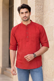 Red Full Sleeve Slub Cotton Shirt Length Men's Kurta 10077839