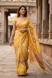 Yellow Hand Block Printed Chanderi Saree 10049152
