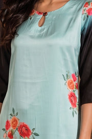 Pastel Blue Printed Vegan Charmeuse Silk Dress 10077272
