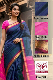 Peacock Blue Kanjivaram Pure Silk Saree with Vanki Border 10077899