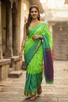 Green Bengal Handwoven Jamdani Style Cotton Saree 10075343