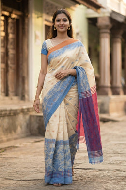 Cream Bengal Handwoven Jamdani Style Cotton Saree 10075345