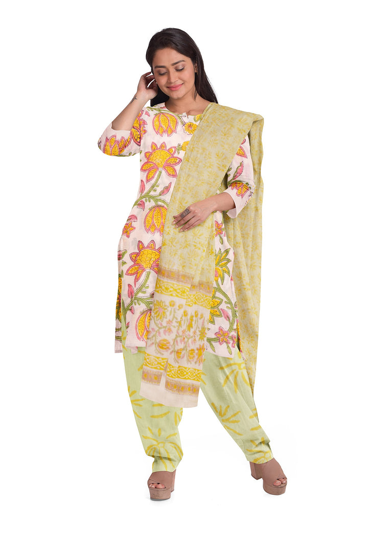 White 3-Piece Mulmul Cotton Salwar Suit Material With Kota Dupatta 10070102