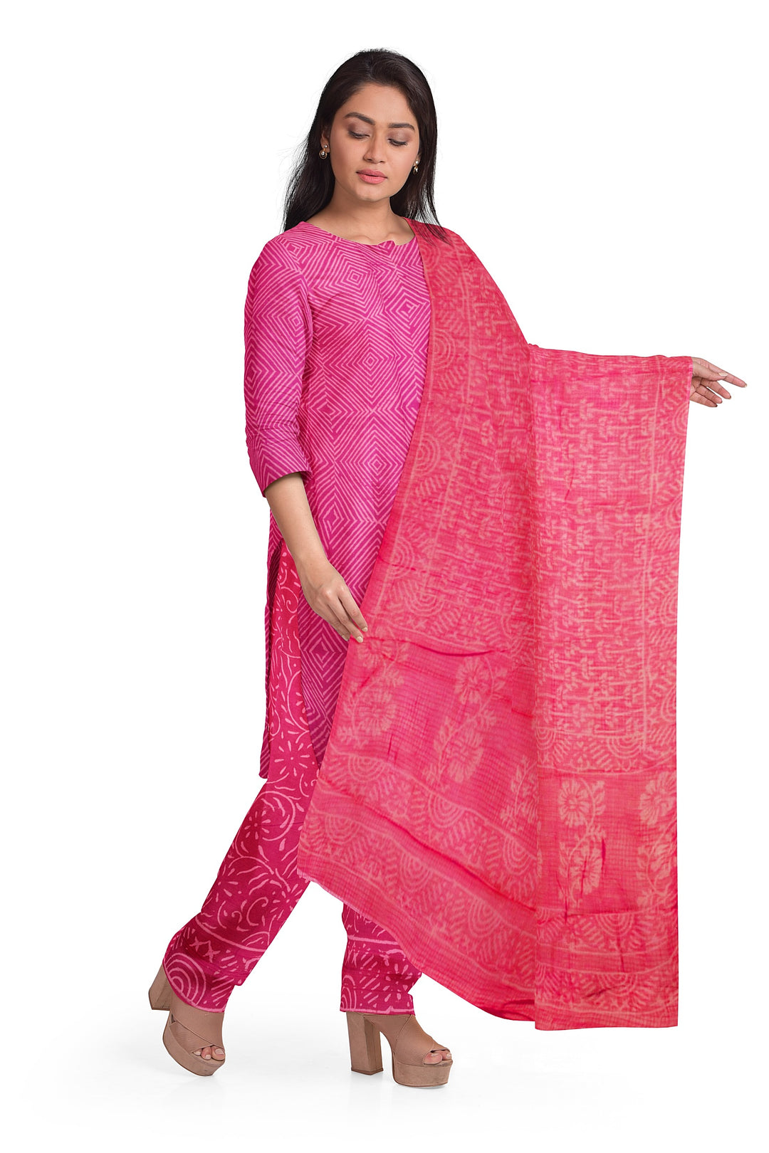 Pink 3-Piece Mulmul Cotton Salwar Suit Material With Kota Dupatta 10070105