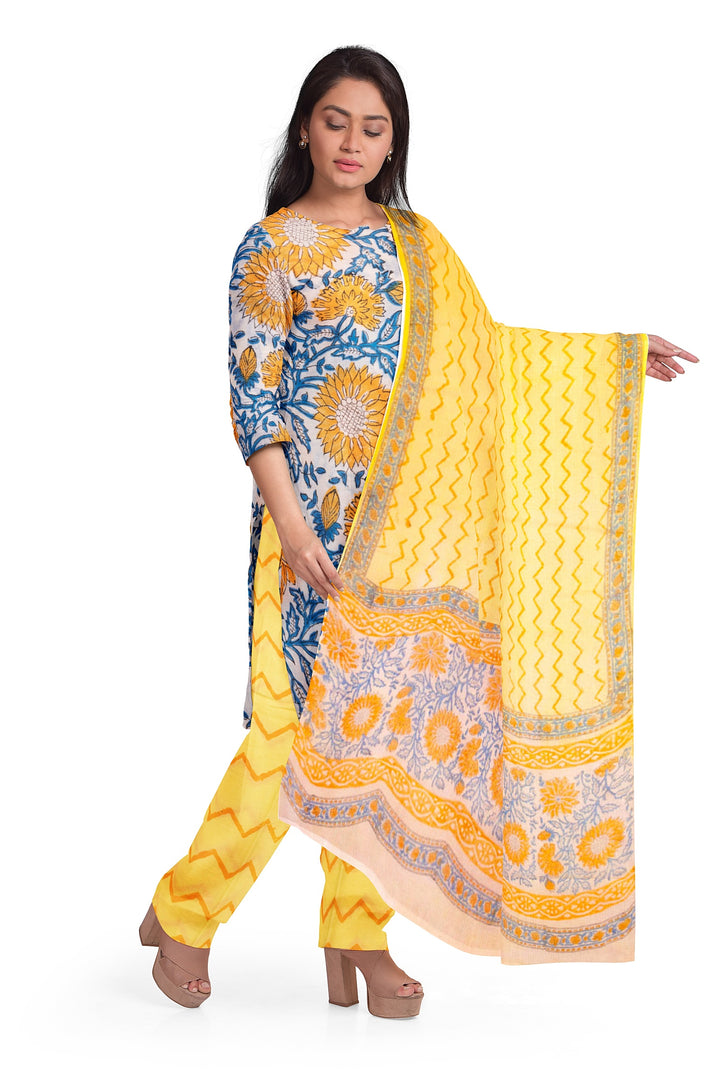 Off-White 3-Piece Mulmul Cotton Salwar Suit Material With Kota Dupatta 10070112