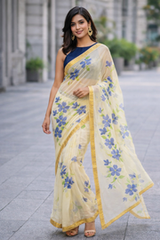 Off White Hand Painted Chiffon Saree 10070959