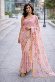 Peach Hand Painted Chiffon Saree 10070967