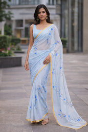 Blue Hand Painted Chiffon Saree 10070969