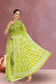 Green Handloom Jamdani Style Cotton Saree 10072417