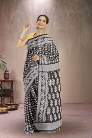 Black Handloom Jamdani Style Cotton Saree 10072419