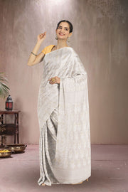 White Handloom Jamdani Style Cotton Saree 10072422