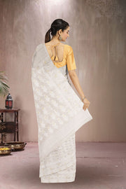 White Handloom Jamdani Style Cotton Saree 10072422